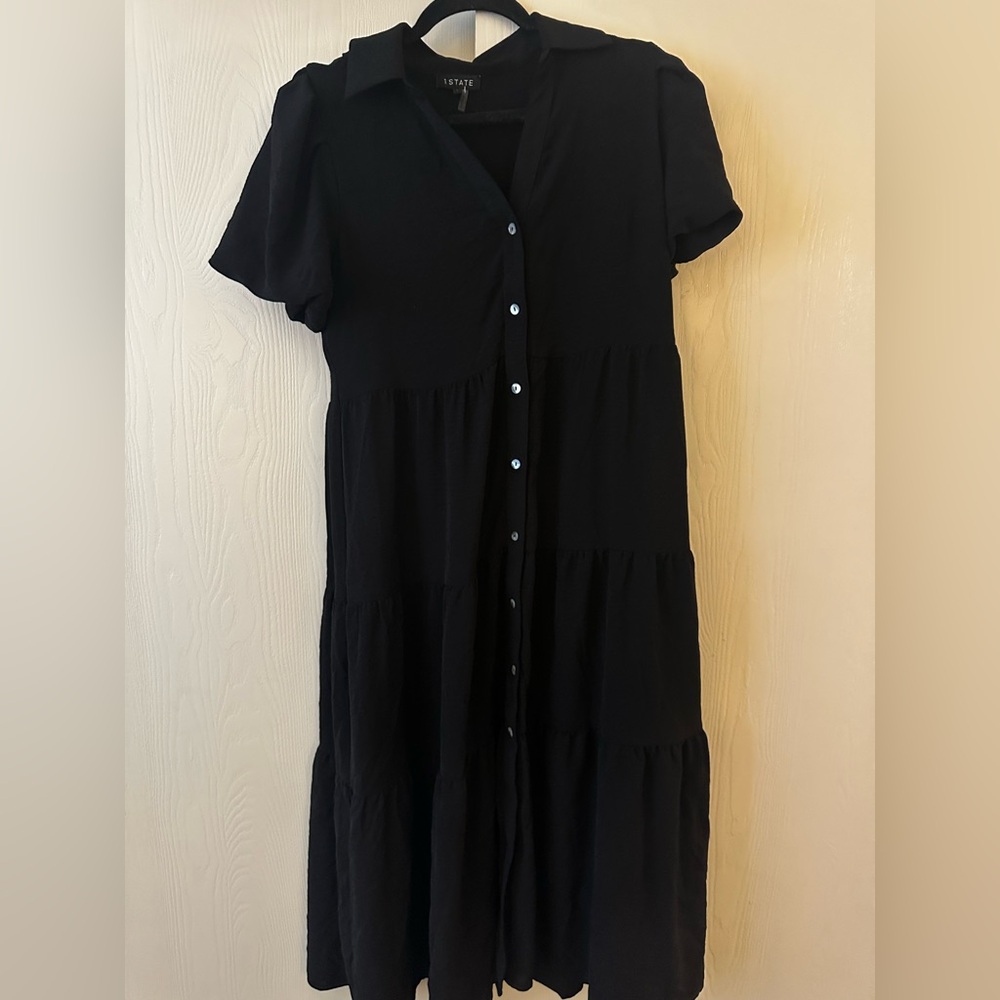 1. State Elegant Black Button Midi Dress